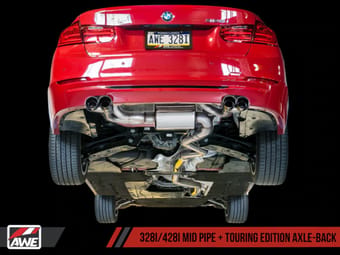 awe tuning 12-16 bmw f3x n20/n26 328i/428i touring edition exhaust quad outlet - 80mm chrome silver tips 3010-42042 - image