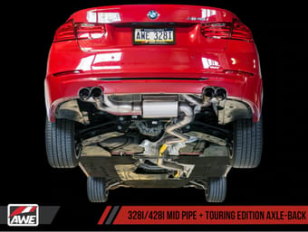 awe tuning 12-16 bmw f3x n20/n26 328i/428i touring edition exhaust quad outlet - 80mm diamond black tips 3010-43036 - image