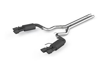 mbrp 18-19 ford mustang gt 5.0 3in dual split rear cat back w/ quad 4in dual wall tips- black coated s7205blk - image