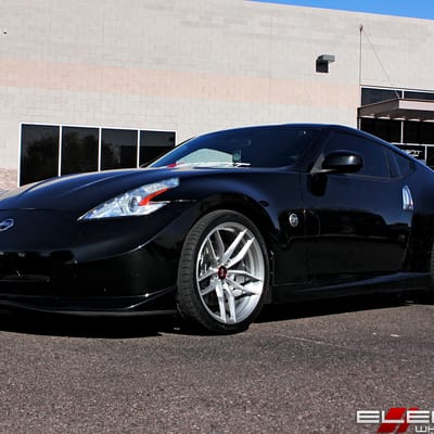 20 inch Staggered Variant Krypton Full Brushed Silver (Flow Forged) on a 2010 Nissan 370Z Nismo w/ Specs