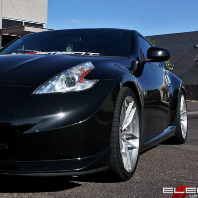 20 inch Staggered Variant Krypton Full Brushed Silver (Flow Forged) on a 2010 Nissan 370Z Nismo w/ Specs