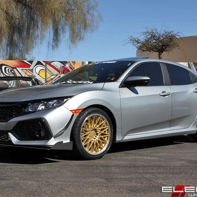 18x8.5 F1R F23 Gold w/ Polish Lip on a 2017 Honda Civic EX Hatchback w/ Specs