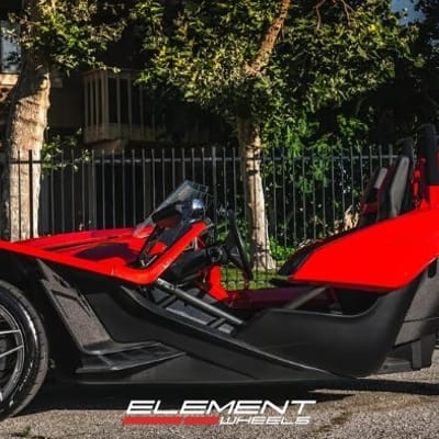 19 and 20 inch Staggered Rohana RFX11 Brushed Titanium on a 2019 Polaris Slingshot