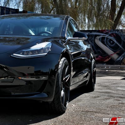 20 inch Staggered Ace Alloy Driven Custom Brushed Candy Apple Red w/ Satin Black Face on a 2018 Tesla Model 3 w/ specs