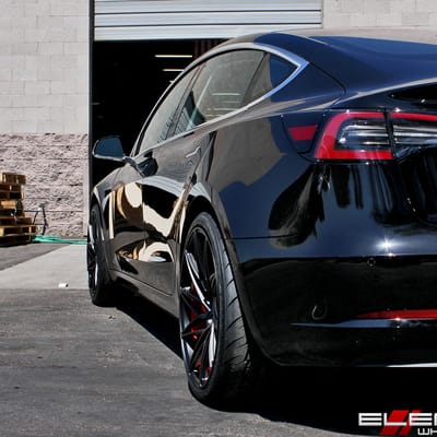 20 inch Staggered Ace Alloy Driven Custom Brushed Candy Apple Red w/ Satin Black Face on a 2018 Tesla Model 3 w/ specs