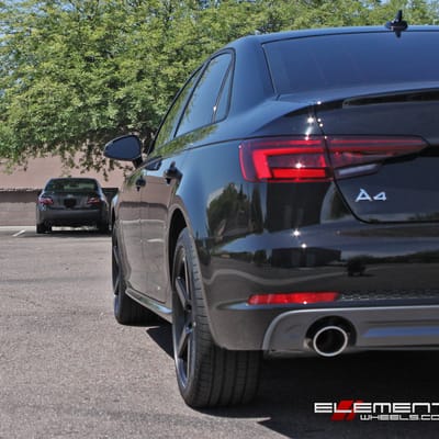 18x8 KM685 KMC District Satin Black on a 2018 Audi A4 w/ Specs