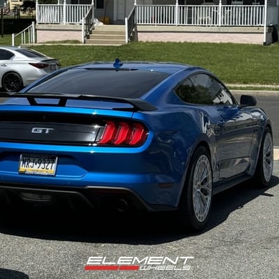 Staggered 20 inch Ferrada FR12 in Machine Silver on a 2021 Ford Mustang