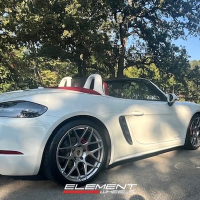 Staggered 20 inch HRE FF01 in Liquid Silver on a 2019 Porsche Boxster 718