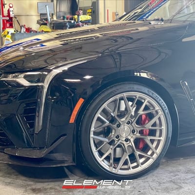 Staggered 19 inch Variant Radon in Titanium Brushed Face on a 2023 Cadillac CT4-V Blackwing