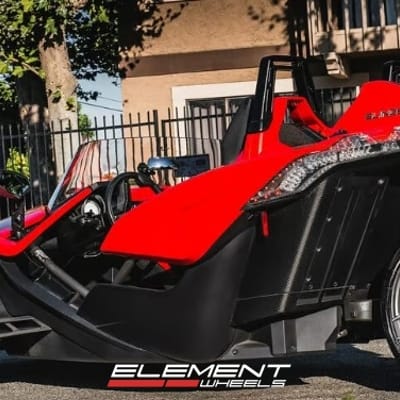 19 and 20 inch Staggered Rohana RFX11 Brushed Titanium on a 2019 Polaris Slingshot
