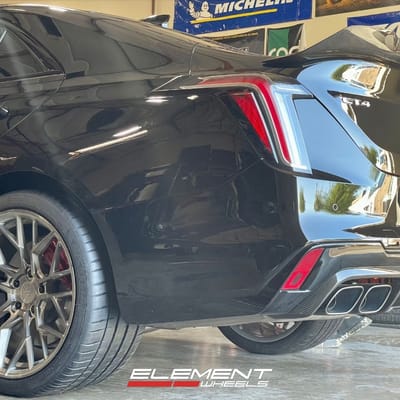 Staggered 19 inch Variant Radon in Titanium Brushed Face on a 2023 Cadillac CT4-V Blackwing