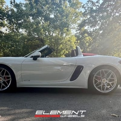 Staggered 20 inch HRE FF01 in Liquid Silver on a 2019 Porsche Boxster 718