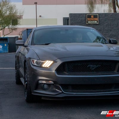 19 inch Staggered Variant Radon Gloss Piano Black on a 2016 Ford Mustang GT w/ 4 Piston Brembos
