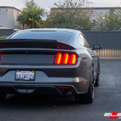 19 inch Staggered Variant Radon Gloss Piano Black on a 2016 Ford Mustang GT w/ 4 Piston Brembos
