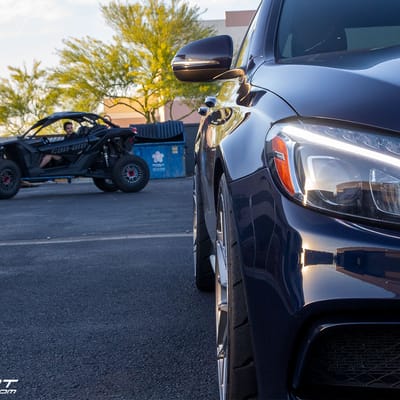 19 inch Staggered Variant Radon Titanium Brushed Face on a 2018 Mercedes Benz C63 AMG