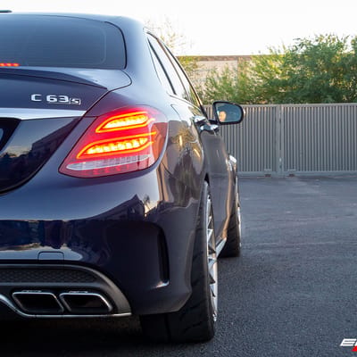 19 inch Staggered Variant Radon Titanium Brushed Face on a 2018 Mercedes Benz C63 AMG