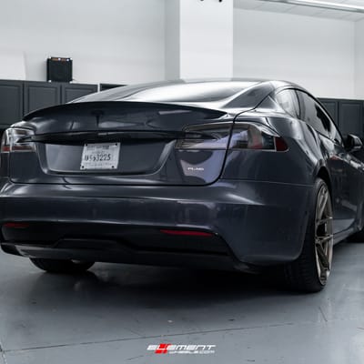 Staggered 22 Inch Savini SV-F5 in Matte Bronze on a 2021 Tesla Model S PLAID