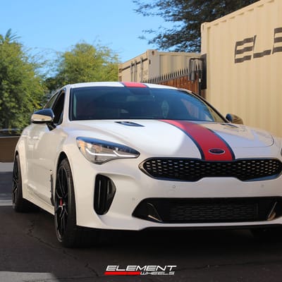20 inch Staggered Performance Replicas PR193 Gloss Black Red Machined on a 2020 Kia Stinger GT