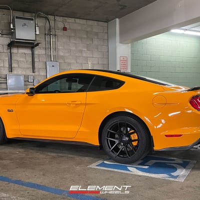 19 inch Staggered Velgen VMB5 Satin Black on a 2019 Ford Mustang