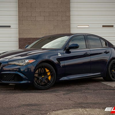Staggered 19 Inch Variant Xenon in Satin Black on a 2019 Alfa Romeo Giulia Quadrifoglio