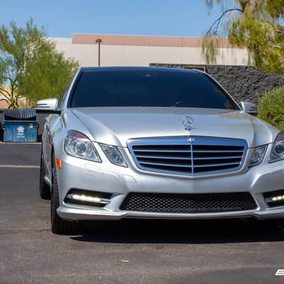 Staggered 20 Inch Ferrada FR4 in Matte Black w/ Gloss Black Lip on a 2013 Mercedes Benz E350