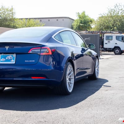 Staggered 20 Inch Avant Garde Vanquish in Silver Machined on a 2019 Tesla Model 3 Dual Motor