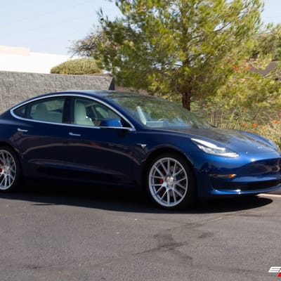 Staggered 20 Inch Avant Garde Vanquish in Silver Machined on a 2019 Tesla Model 3 Dual Motor