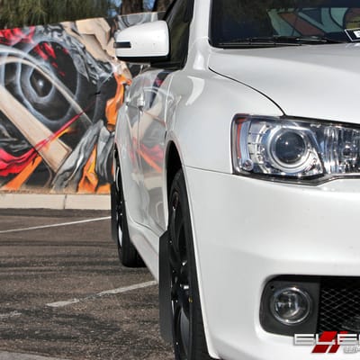 18x9 Drag DR-49 Matte Black Wheels on Mitsubishi Lancer EVO w/ Specs