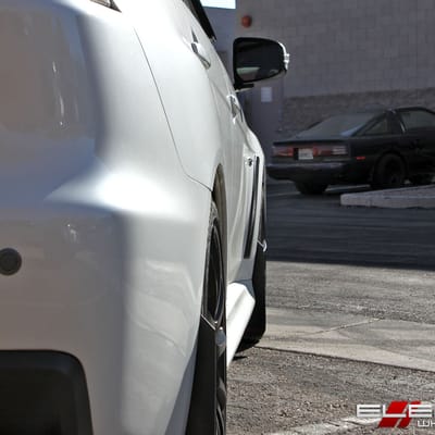 18x9 Drag DR-49 Matte Black Wheels on Mitsubishi Lancer EVO w/ Specs