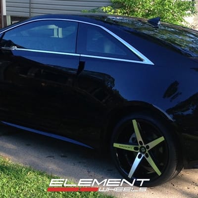 20 inch Staggered Lexani R04 Gloss Black/Machined on 2011 Cadillac CTS Coupe w/ Specs