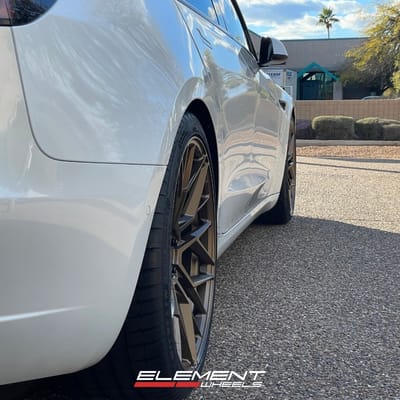 20 inch Staggered Variant Radon in Satin Bronze on a 2020 Tesla Model 3 Performance