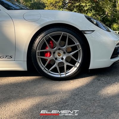 Staggered 20 inch HRE FF01 in Liquid Silver on a 2019 Porsche Boxster 718