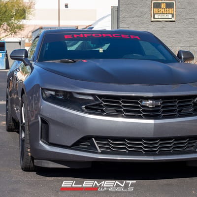 20 inch Staggered American Racing AR924 Crossfire Satin Black on a 2019 Chevrolet Camaro 2LT