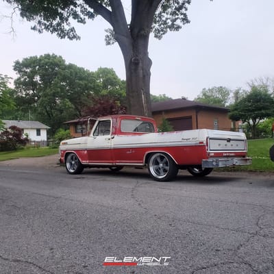20 inch staggered American Racing Vintage VN215 CLASSIC TORQ THRUST II in Grey on a 1971 Ford F100