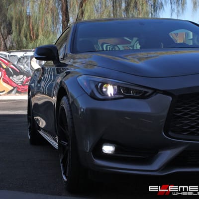 20 in staggered Ferrada FR2 Matte Black W/ Gloss Black Lip on a 2017 Infiniti Q60 w/ Specs