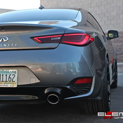 20 in staggered Ferrada FR2 Matte Black W/ Gloss Black Lip on a 2017 Infiniti Q60 w/ Specs