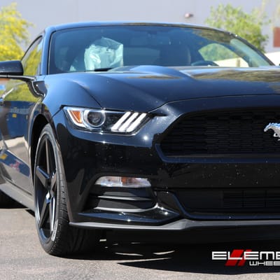 20 inch Staggered KMC District Black Wheels on 2015 Ford Mustang w/ Specs