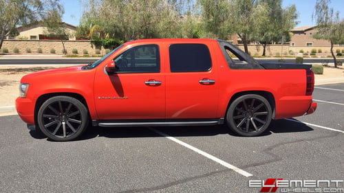 24x10 DUB Shot Calla Black Machined w/ Tint on a 2009 Chevy Avalanche LT w/ Specs