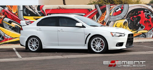 18 inch Miro 563 Gloss Silver Wheels on Mitsubishi Lancer EVO w/ Specs