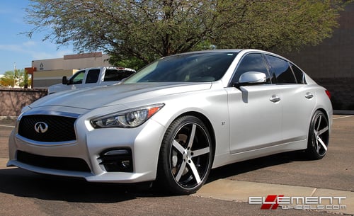 20 inch Staggered Rovos Durban Gloss Black w/ Brushed face on a 2015 Infiniti Q50s w/ Specs