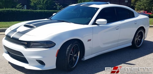 20 inch Staggered Vertini Dark Knight Gloss Black Machined Face w/ Chrome Stainless Steel Lip on a 2013 Dodge Charger w/ specs