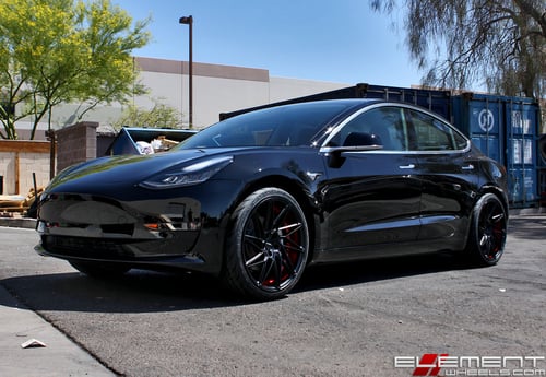 20 inch Staggered Ace Alloy Driven Custom Brushed Candy Apple Red w/ Satin Black Face on a 2018 Tesla Model 3 w/ specs