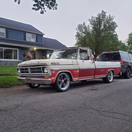 20 inch staggered American Racing Vintage VN215 CLASSIC TORQ THRUST II in Grey on a 1971 Ford F100