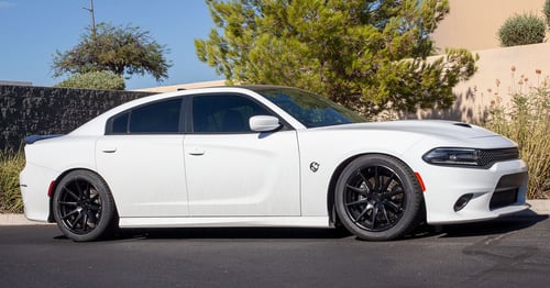 20 inch Staggered Verde V20 Insignia Satin Black on a 2018 Dodge Charger Scatpack w/ 4 Piston Brembos