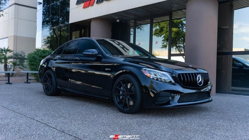 Staggered 19 Inch Ferrada FR4 in Matte Black w/ Gloss Black Lip on a 2019 Merceded Benz C43 AMG