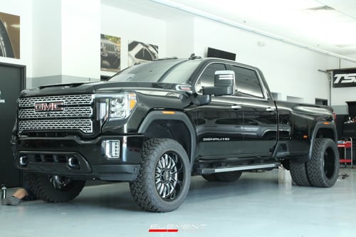 Staggered 22 Inch Cali Off-road Summit 9110 in Gloss Black w Milled Spokes on 2022 GMC Denali HD Dually