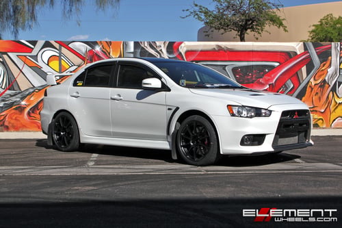 18x9 Drag DR-49 Matte Black Wheels on Mitsubishi Lancer EVO w/ Specs