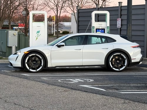 Staggered 22 Inch Rotiform Forged FRA Gloss White w/ Matte Black Spokes on a 2022 Porsche Taycan