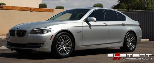 19 inch Staggered Roderick RW6 Silver w/ Brushed Face (Chrome Stainless Lip) on 2011 BMW 528i w/ Specs