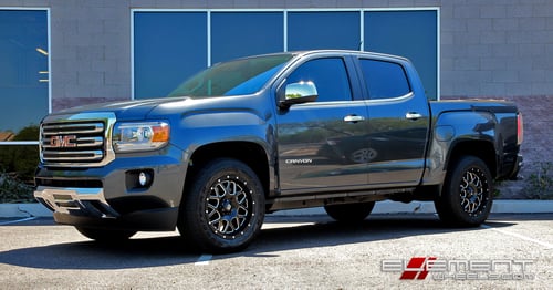 18x9 XD Series XD820 Grenade Satin Black w/Milled Accents wheels on 2016 GMC Canyon (Factory Height) w/ Specs